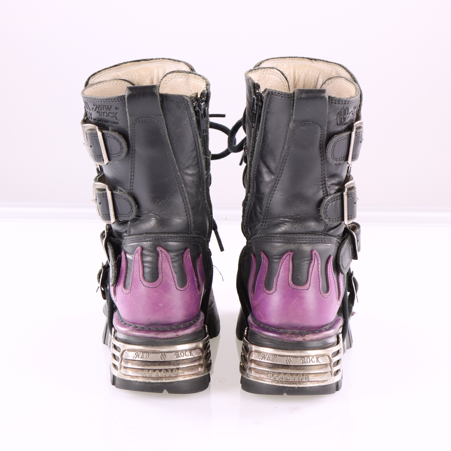 NEW ROCK 'Reactor' Purple Flame Black Leather Boots (36)