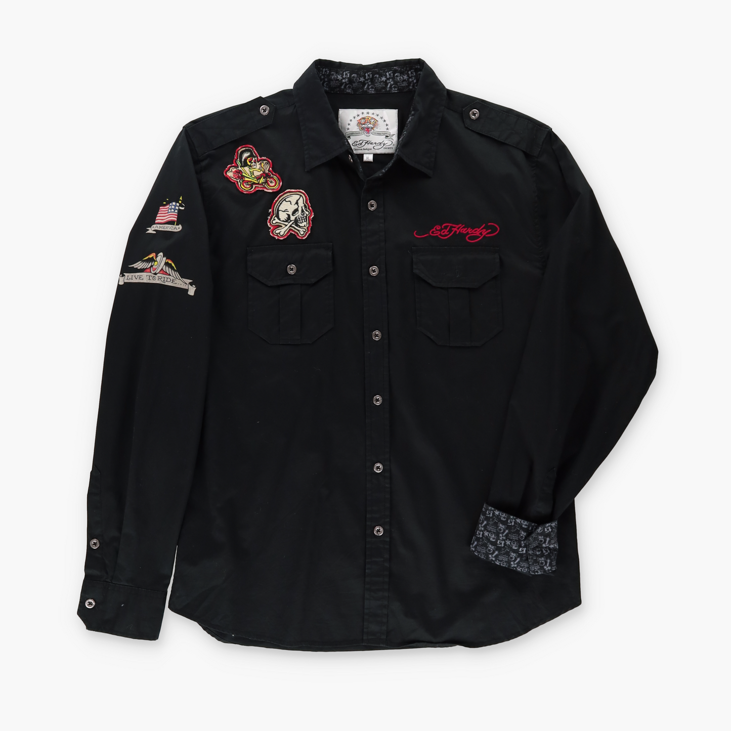 ED HARDY 'Live To Ride' Y2K Biker Patch Long Sleeve Shirt (XL)