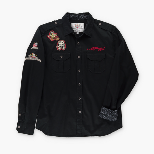 ED HARDY 'Live To Ride' Y2K Biker Patch Long Sleeve Shirt (XL)