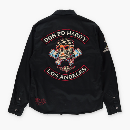 ED HARDY 'Live To Ride' Y2K Biker Patch Long Sleeve Shirt (XL)