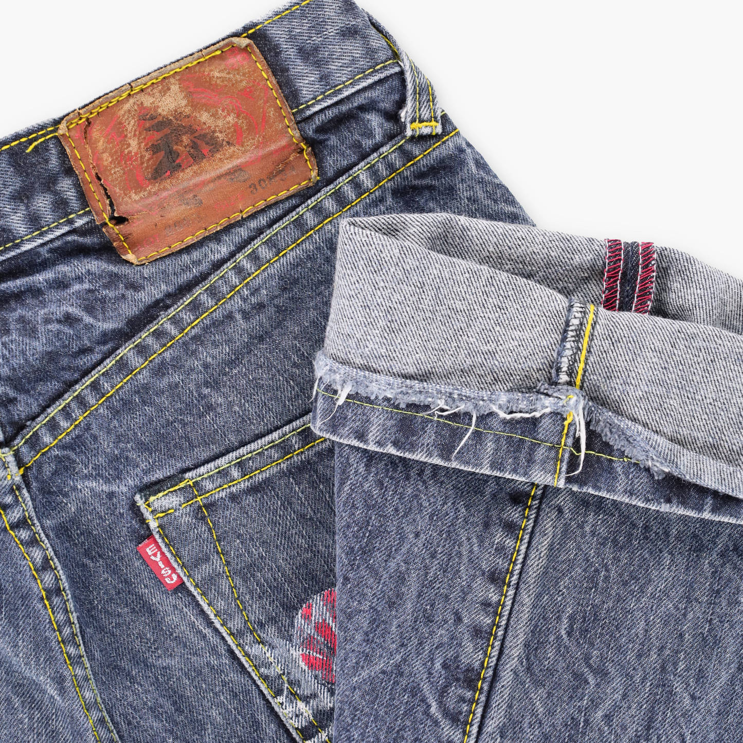 EVISU Dragon Print Yellow Stitch Denim Jeans (30 x 34)