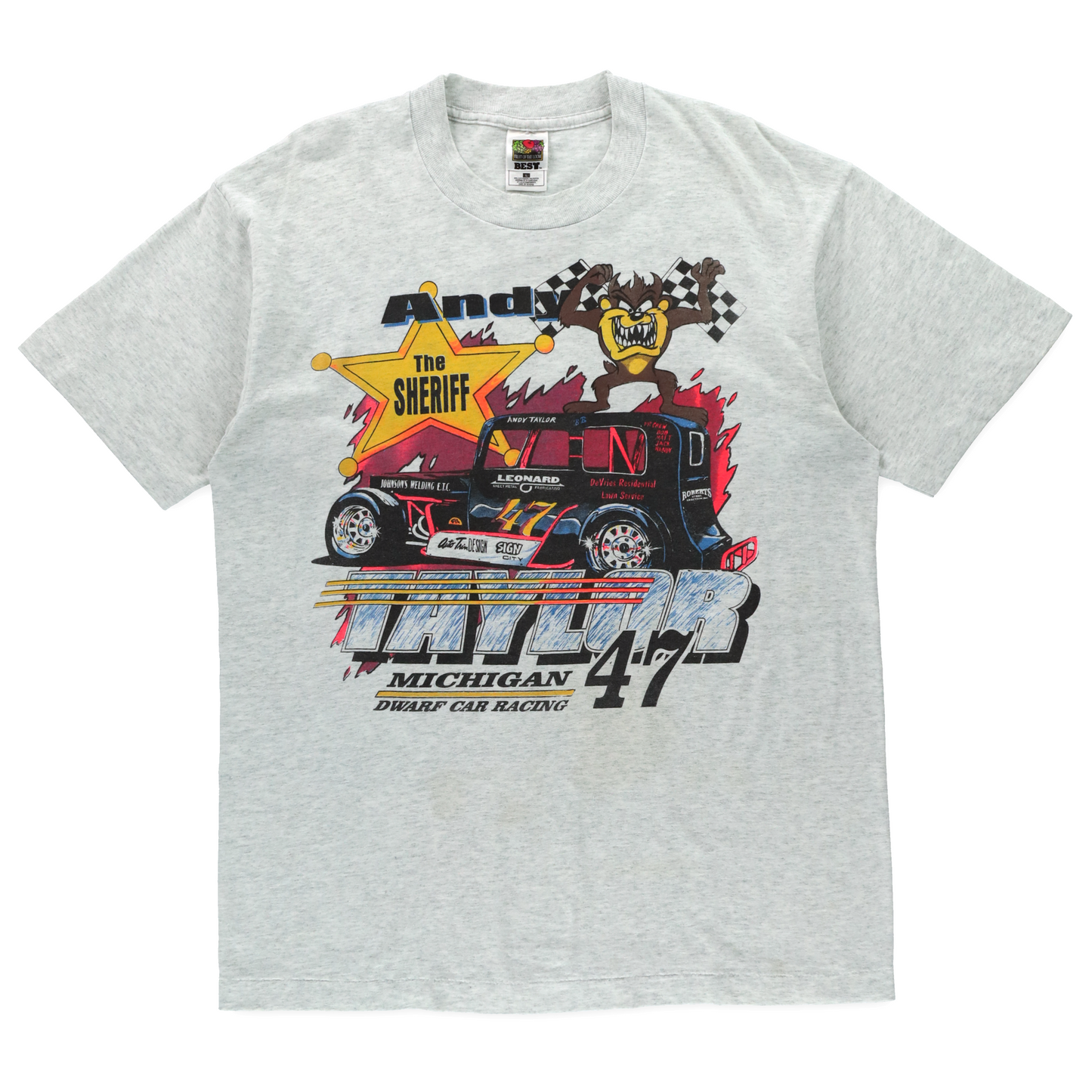 Looney Tunes 'Michigan Dwarf Car Racing' Single Stitch Double Sided Light Grey Tee (M-L)