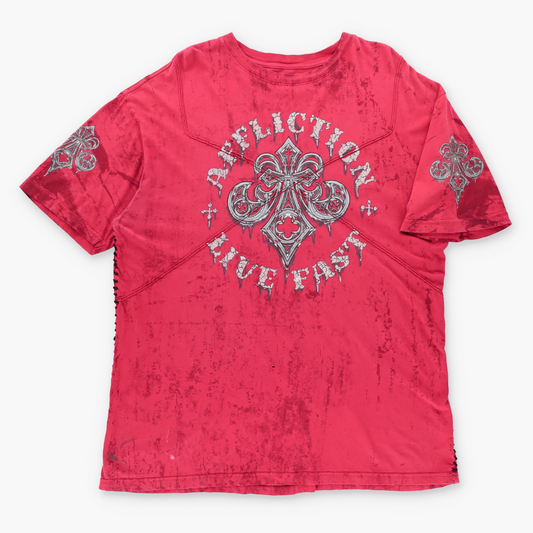 AFFLICTION Red "Live Fast" Side Stitching & Felt Detail Distressed T-Shirt USA Made (XXL)