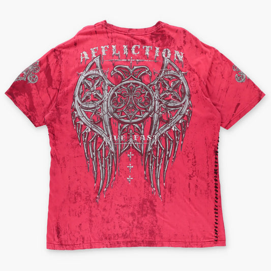 AFFLICTION Red "Live Fast" Side Stitching & Felt Detail Distressed T-Shirt USA Made (XXL) - Vintage Sole Melbourne