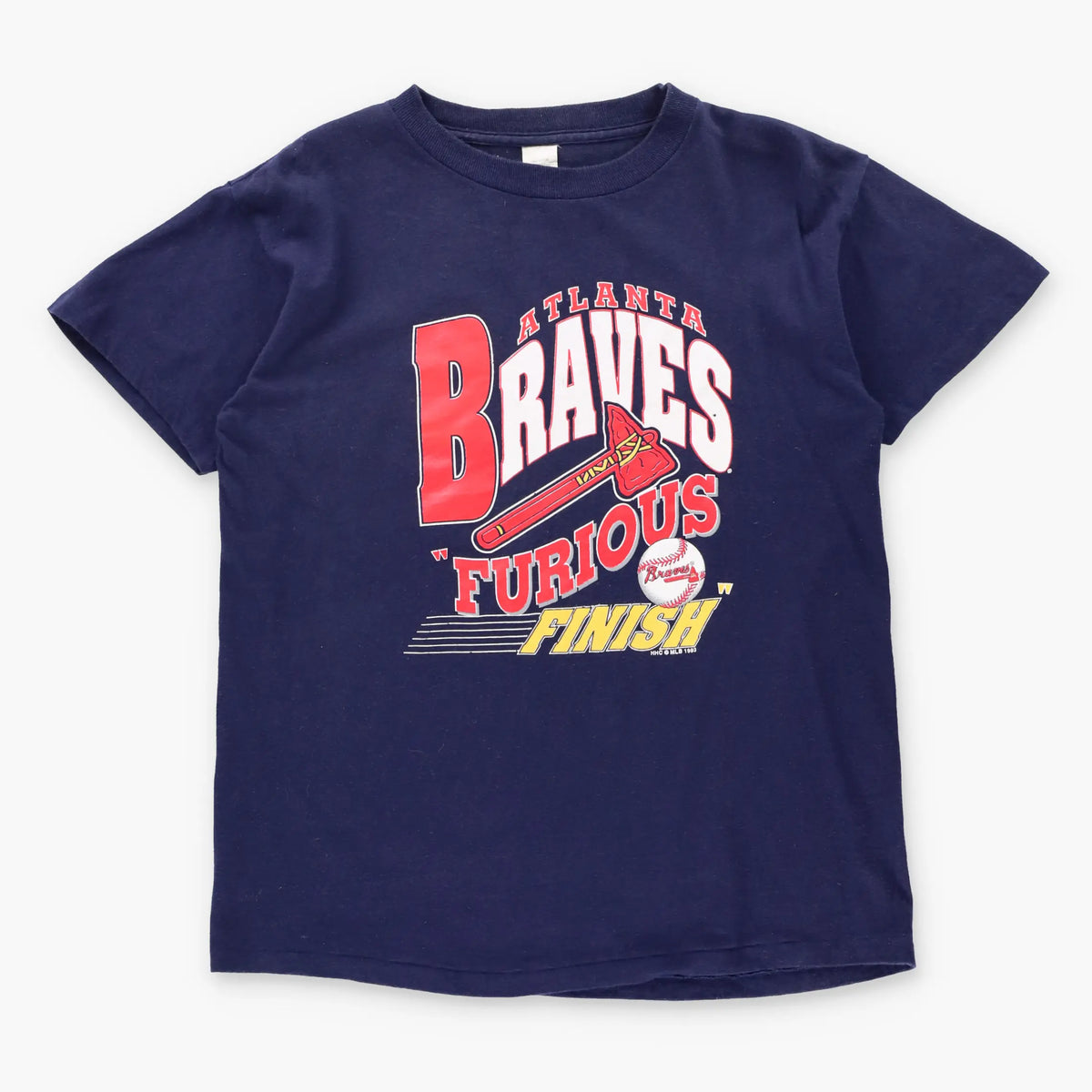 Vintage 1993 MLB Atlanta Braves "Furious Finish" Navy Blue USA Made Single Stitch Tee (M)