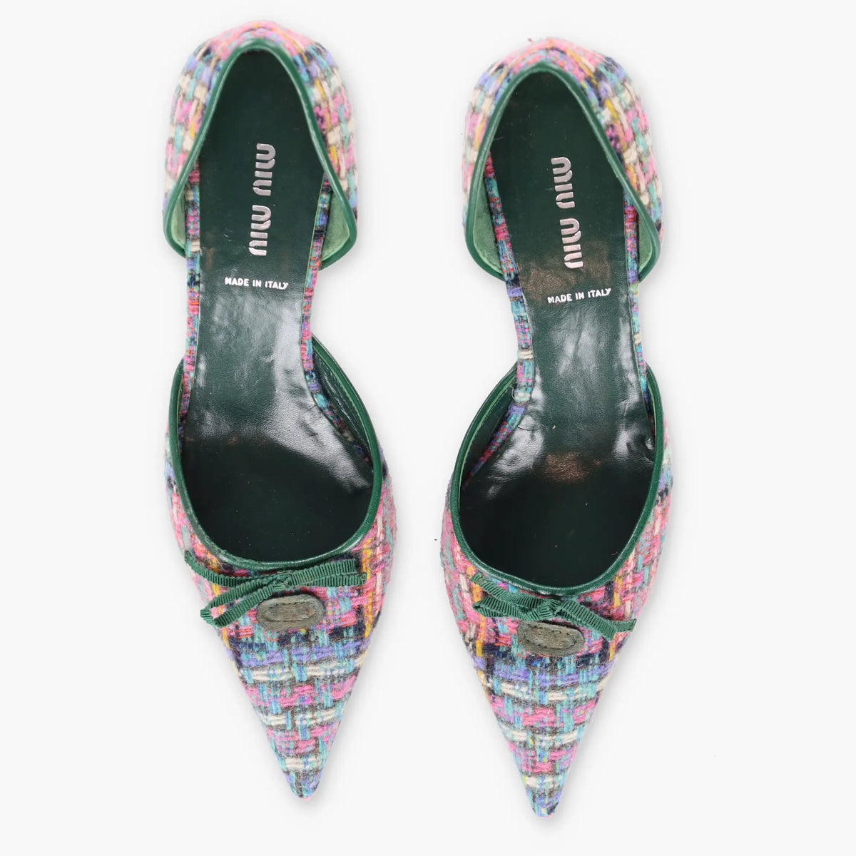 Vintage MIU MIU Multicolour Tweed & Green Leather Italian Made Slingback Kitten-Heels (38)