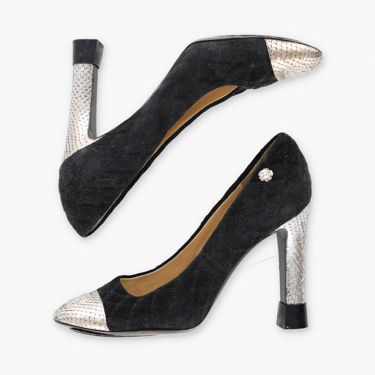 Vintage CHANEL Black Suede & Python CC Logo Cap Toe Pump Heels (37.5)