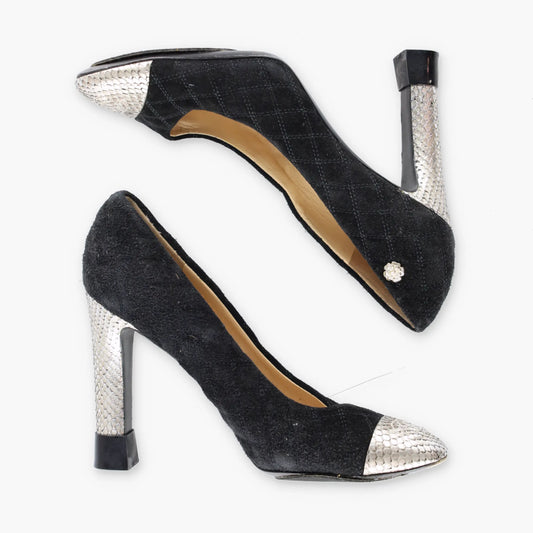 Vintage CHANEL Black Suede & Python CC Logo Cap Toe Pump Heels (37.5)