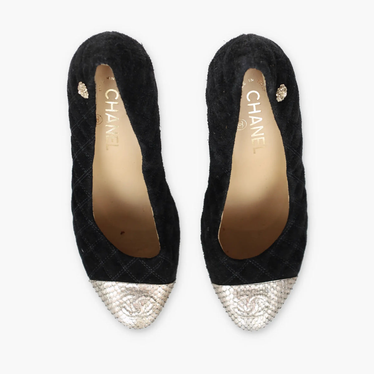 Vintage CHANEL Black Suede & Python CC Logo Cap Toe Pump Heels (37.5)