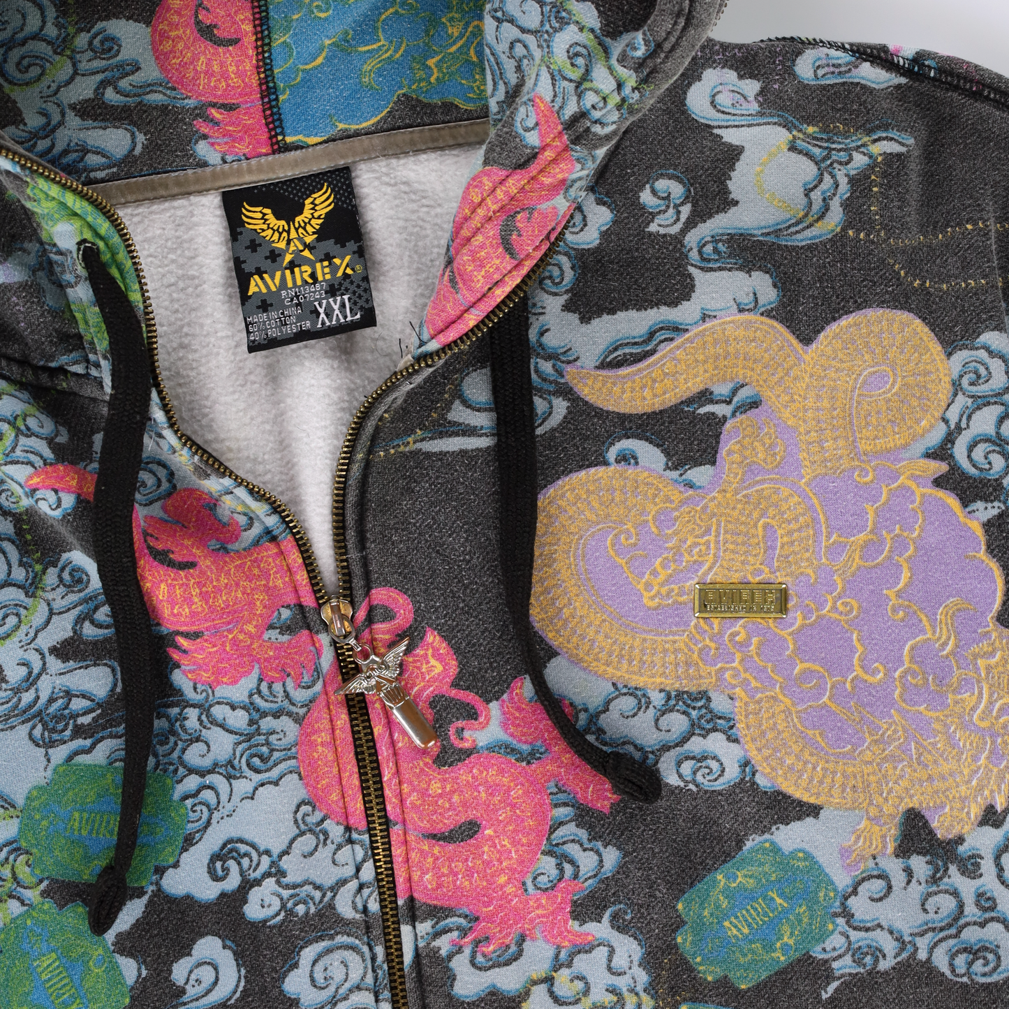 AVERIX 'Lucky Dragon' Y2K Full Zip Hoodie Sweatshirt (XXL)