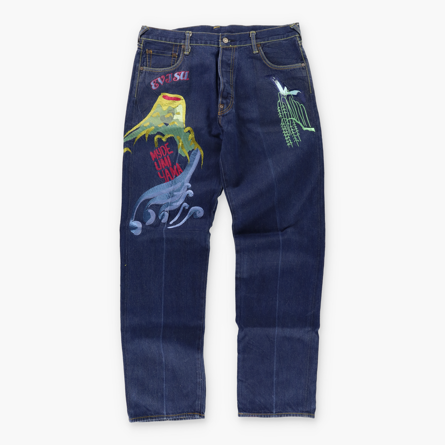 EVISU Heritage 'Umi Yama' Embroidered Volcano Y2K Jeans (38)