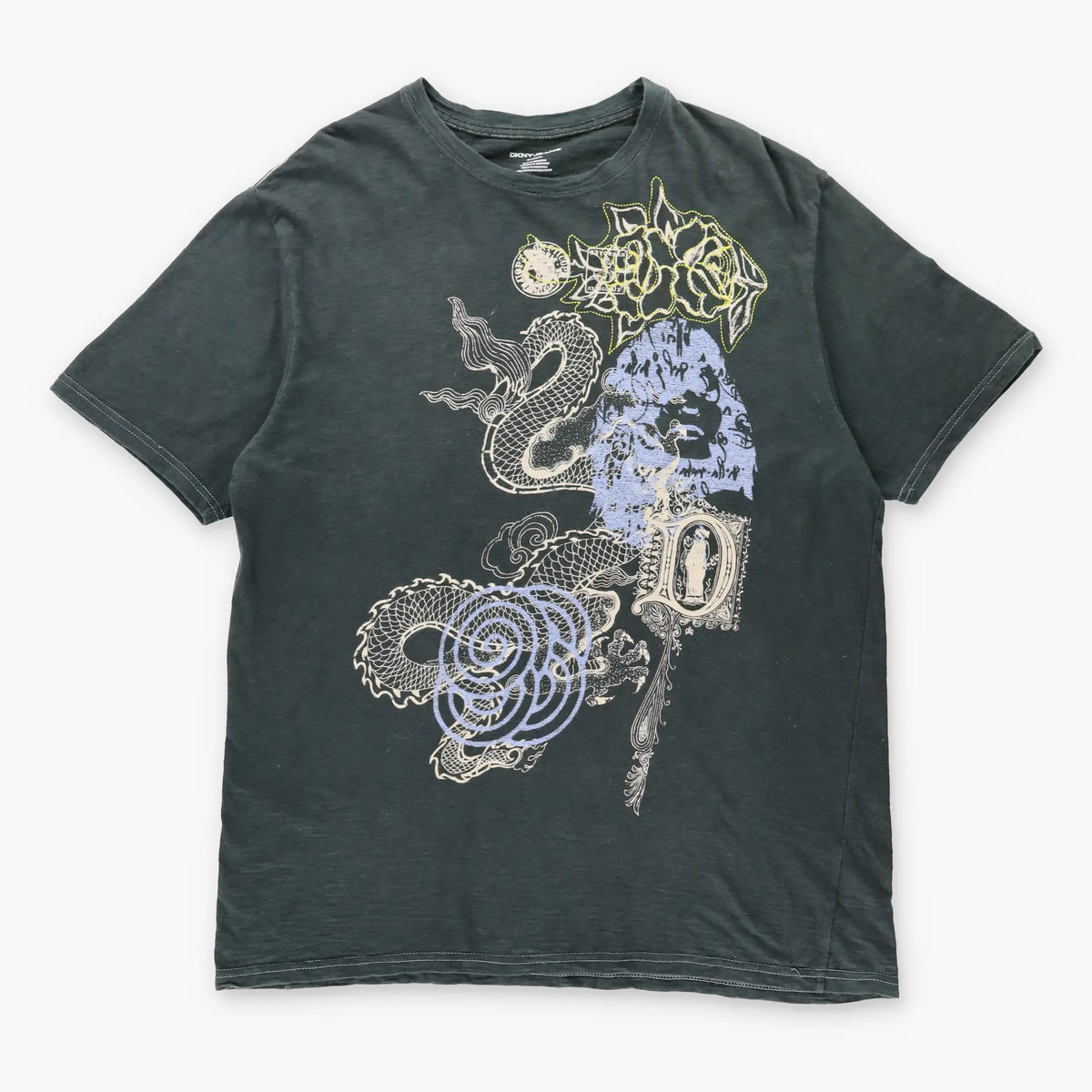 Vintage DKNY JEANS Y2K Dragon Contrast Stitch Grunge Black T-Shirt (XL) Vintage Sole Melbourne