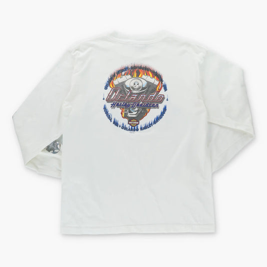 Vintage HARLEY DAVIDSON Y2K Orlando White Motorcycle White Long Sleeve T-Shirt (M-L)