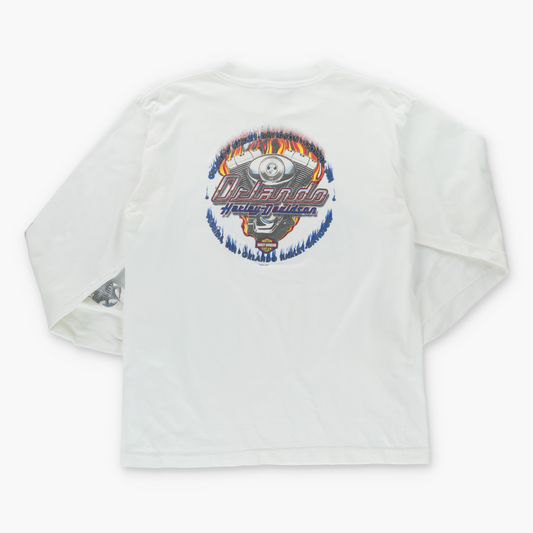 Vintage HARLEY DAVIDSON Y2K Orlando White Motorcycle White Long Sleeve T-Shirt (M-L) Vintage Sole Melbourne