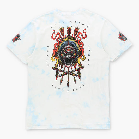 Vintage AFFLICTION BLACK LABEL Feather Headdress Skulls Y2K White & Blue Tie-Dye Tee (L TALL) Vintage Sole Melbourne