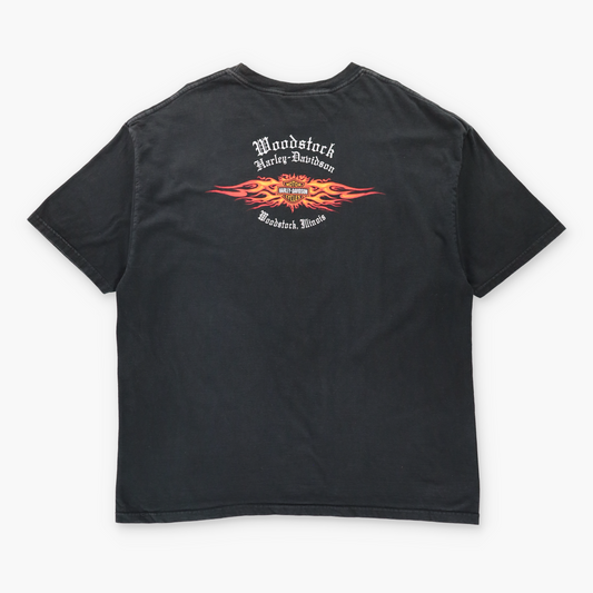 Vintage HARLEY DAVIDSON Flaming Skull Woodstock Illinois Black T-Shirt (XXL) Vintage Sole Melbourne