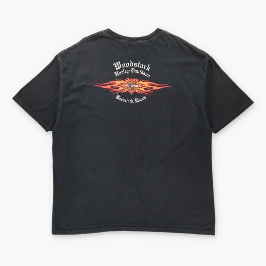 Vintage HARLEY DAVIDSON Flaming Skull Woodstock Illinois Black T-Shirt (XXL) Vintage Sole Melbourne