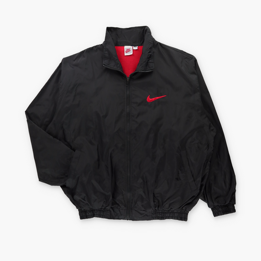 BOOTLEG Nike Black & Red Embroidered Swoosh Logo Lightweight Windbreaker Jacket (L-XL)