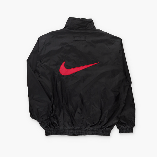 BOOTLEG Nike Black & Red Embroidered Swoosh Logo Lightweight Windbreaker Jacket (L-XL)