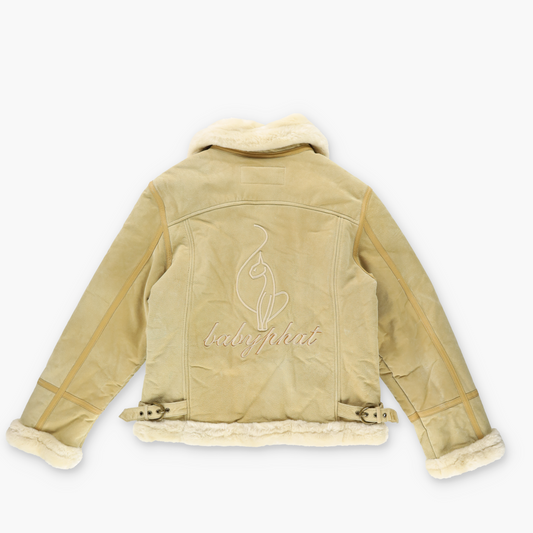 BABY PHAT 90s Genuine Leather Faux Fur Lined Embroidered Beige Jacket (M-L)