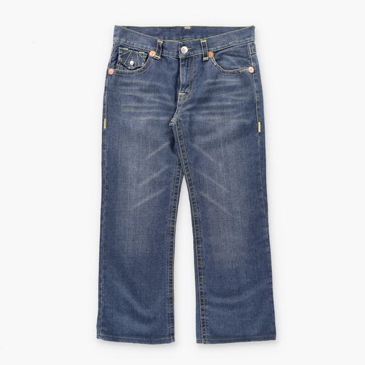 TRUE RELIGION Blue Denim Embroidered Horseshoe USA Made Flap Pocket Jeans (34)