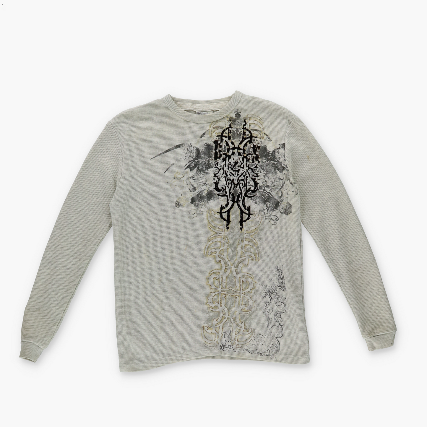 BROOKLYN EXPRESS Y2K Paisley Grunge Print Grey Thermal Long Sleeve (XS-S)