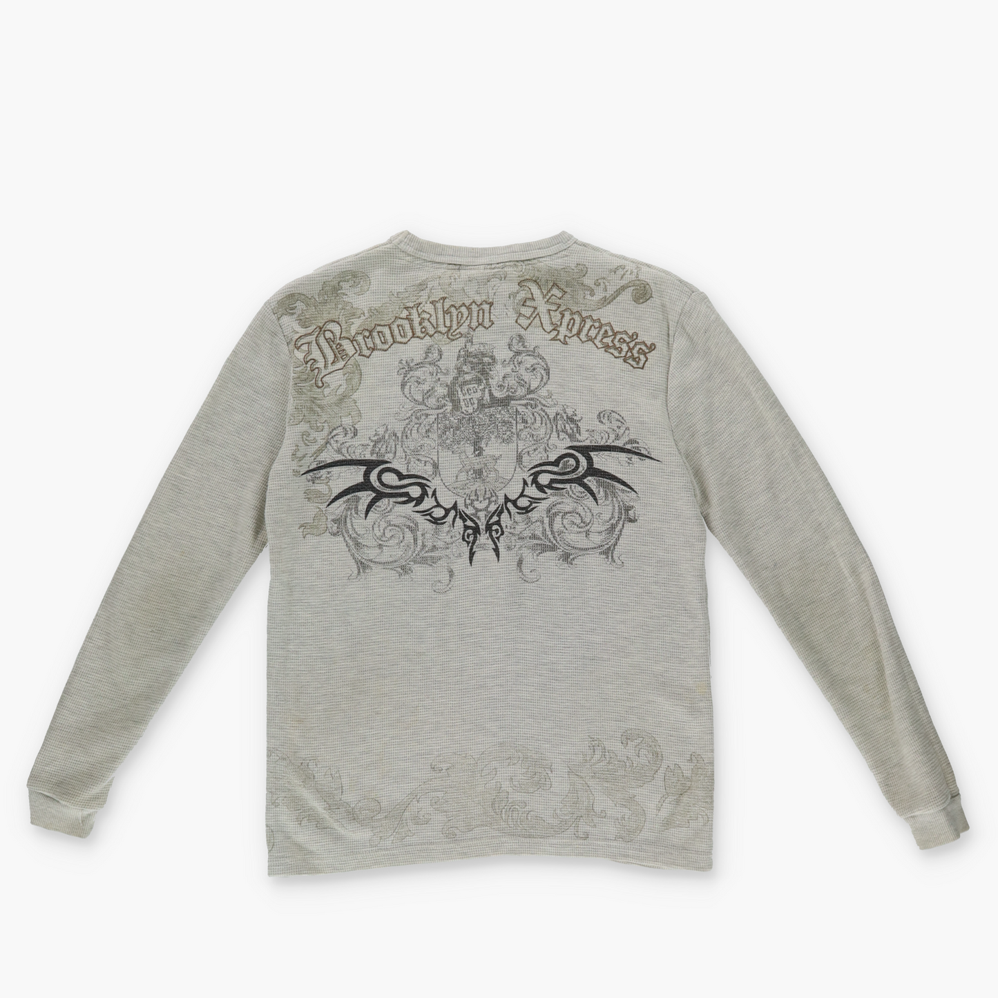 BROOKLYN EXPRESS Y2K Paisley Grunge Print Grey Thermal Long Sleeve (XS-S)