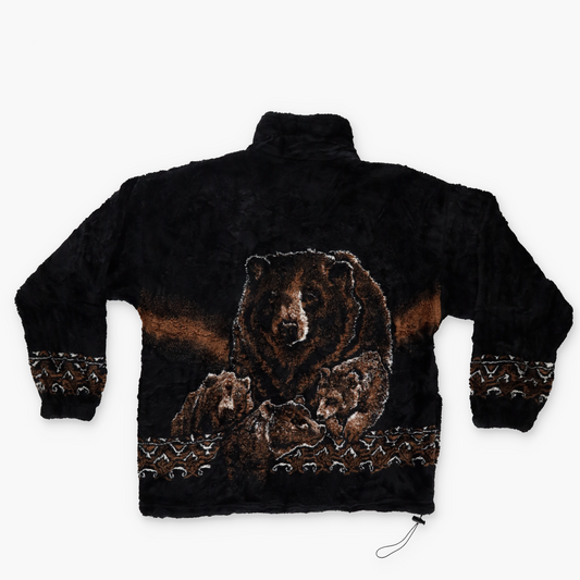 BEAR RIDGE 'USA Made' Brown Bear Aztec Print Plush Black Fleece Zip-Up Jacket (M)