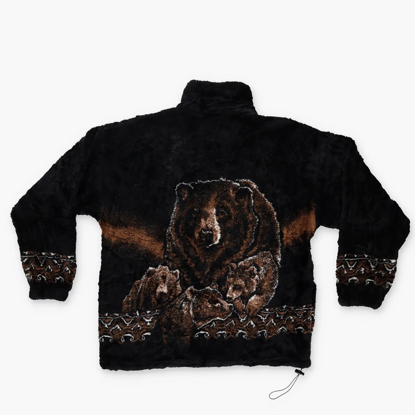 BEAR RIDGE 'USA Made' Brown Bear Aztec Print Plush Black Fleece Zip-Up Jacket (M) Vintage Sole Melbourne