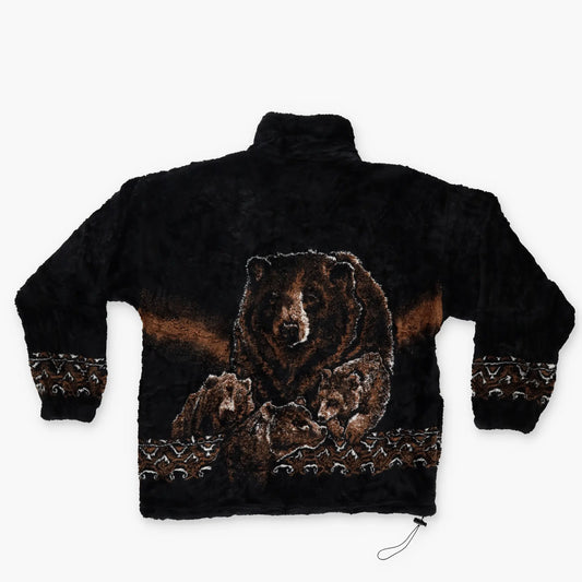 BEAR RIDGE 'USA Made' Brown Bear Aztec Print Plush Black Fleece Zip-Up Jacket (M) Vintage Sole Melbourne