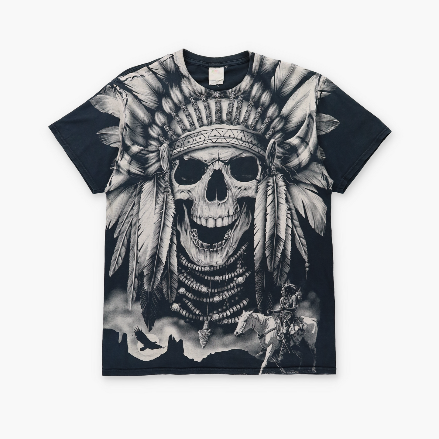 Native American Headdress Skull All Over Print FRUIT OF THE LOOM Black T-Shirt (M)