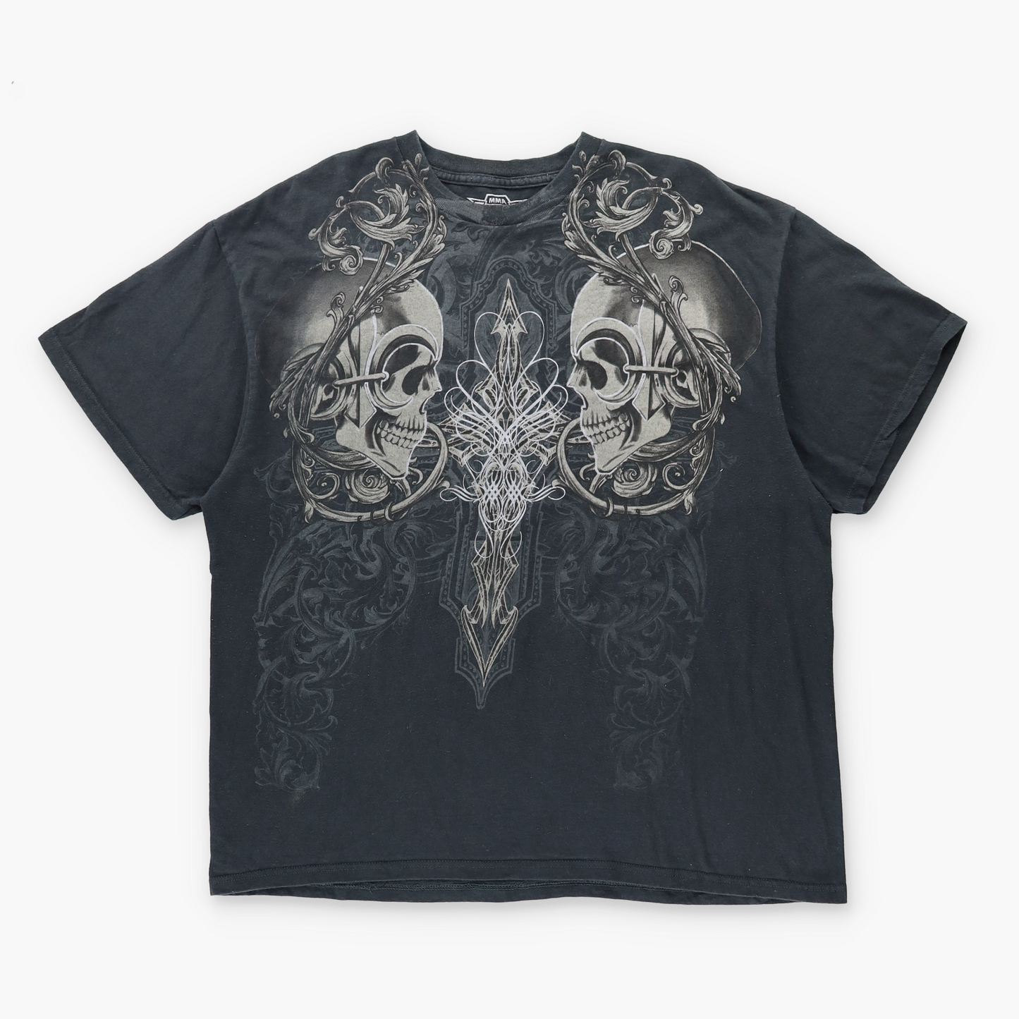 MMA ELITE Mirrored Skulls & Cross Graphic Y2K Style Black Tee (XXL)