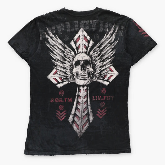 AFFLICTION Vintage Y2K Shoulder Stitching Details Skull Cross Distressed T-Shirt (L TALL)