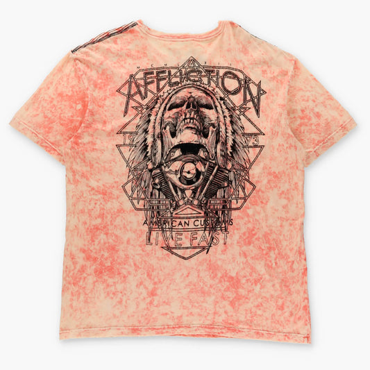 Vintage AFFLICTION 'American Customs' Velvet Detail Headdress Skull Neon Orange Tie-Dye Tee USA Made (XXL)