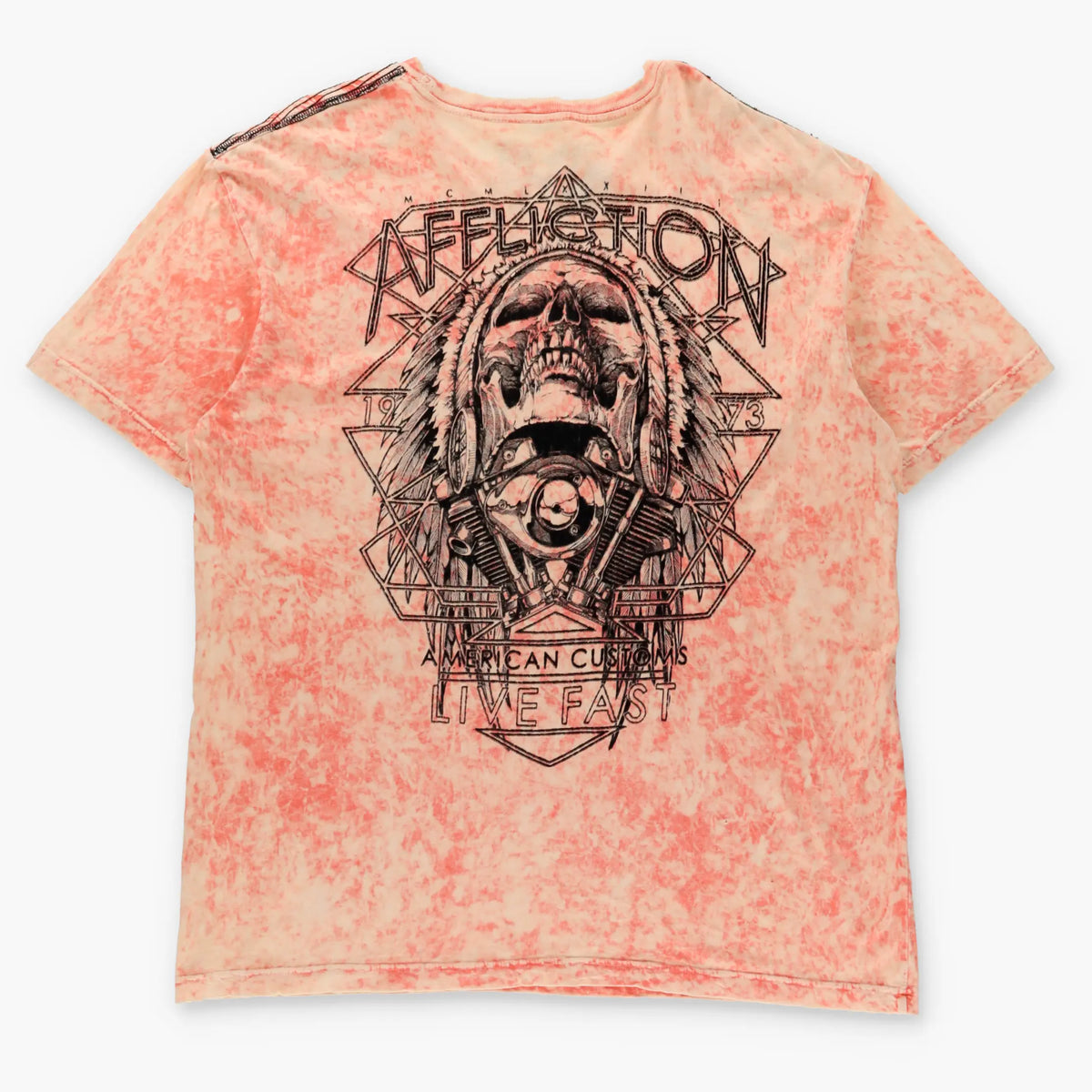 Vintage AFFLICTION 'American Customs' Velvet Detail Headdress Skull Neon Orange Tie-Dye Tee USA Made (XXL)