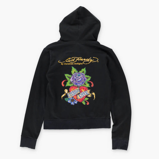 Vintage ED HARDY 'Eternal Love' Embellished Y2K Rose Heart Full Zip Hoodie Sweatshirt Portugal Made (Women's M)