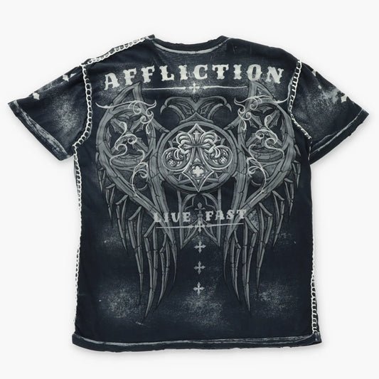 AFFLICTION Live Fast Stitched & Felt Detailing USA Made T-Shirt (L-XL) Vintage Sole