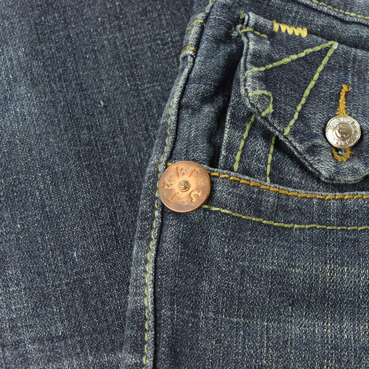 TRUE RELIGION Blue Denim Embroidered Horseshoe USA Made Flap Pocket Jeans (34)