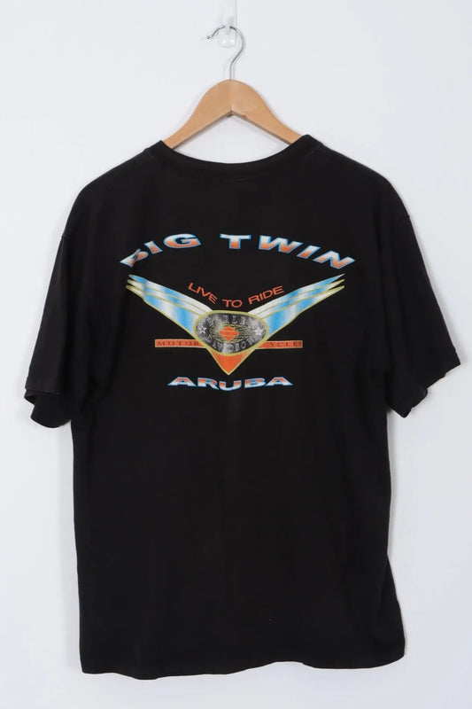 1990s HARLEY DAVIDSON Aruba Front Back Eagle Print Black T-shirt (M-L) Vintage Sole Melbourne