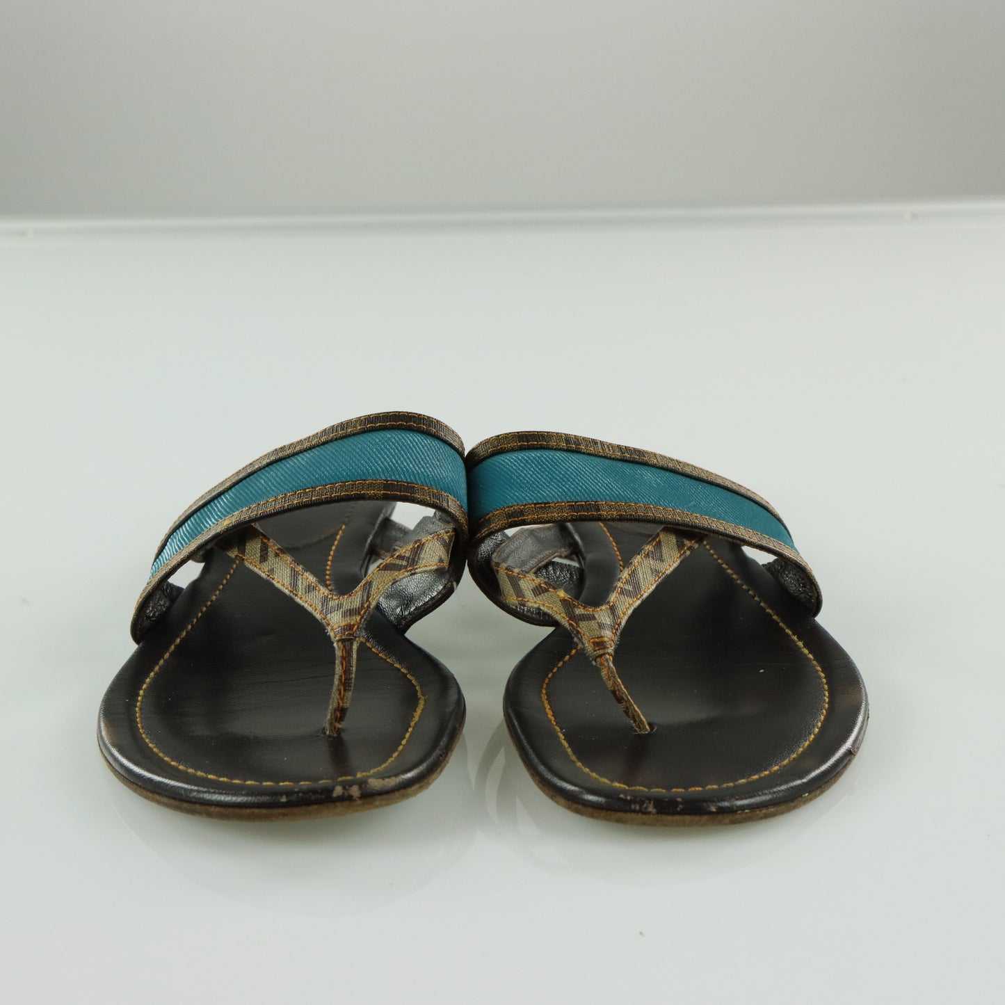 FENDI Italian Made Turquoise & Brown Flat Leather Sandals (39.5)
