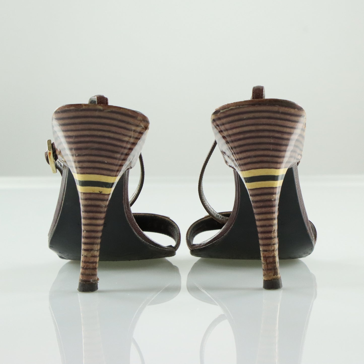 GUCCI Italian Made Strappy Brown Striped Sandal Heels (6.5)