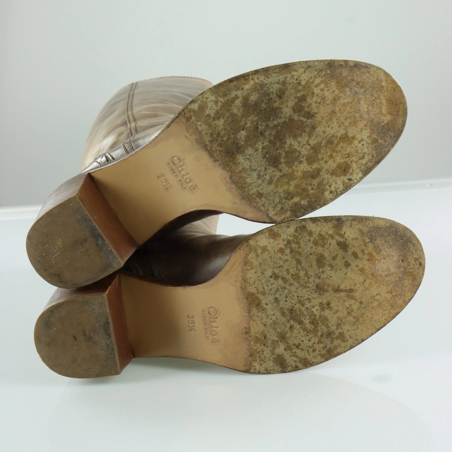 CHLOE 'ITALY Made' Leather Knee High Mid Heel Brown Detailed Leather Boot (36.5) Vintage Sole Melbourne