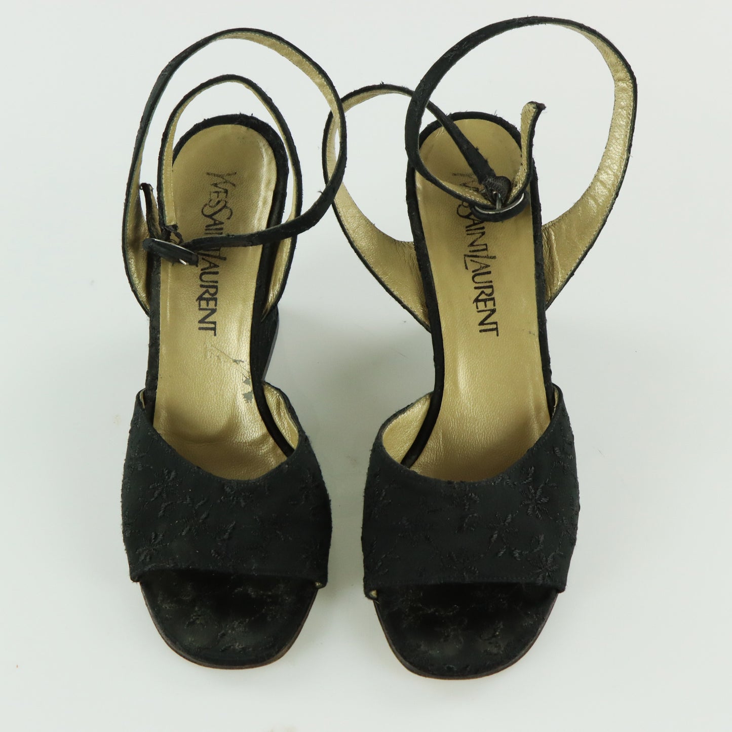 YVES SAINT LAURENT YSL Embroidered Open Toe Strappy Black Wedges Heels (6.5)