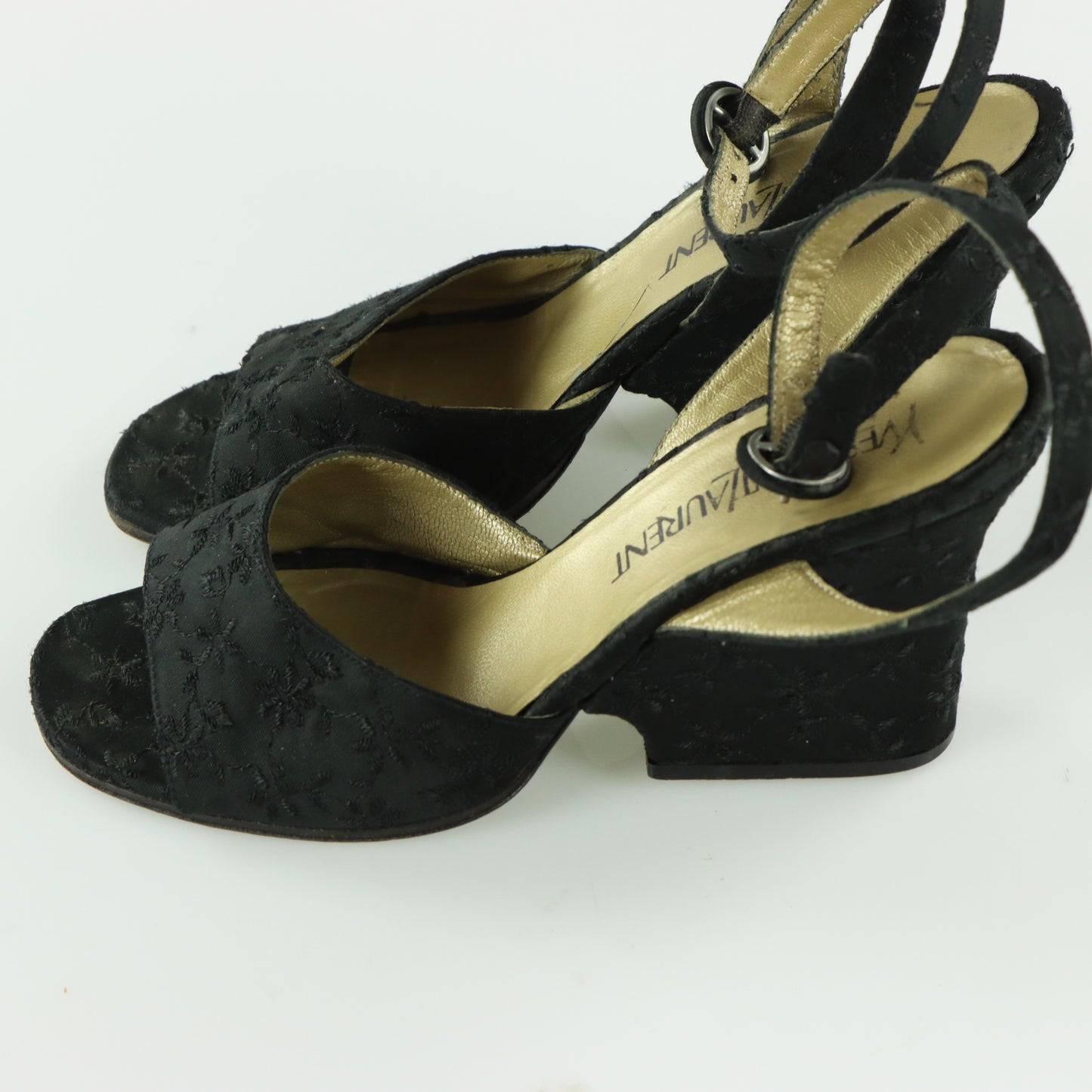 YVES SAINT LAURENT YSL Embroidered Open Toe Strappy Black Wedges Heels (6.5)
