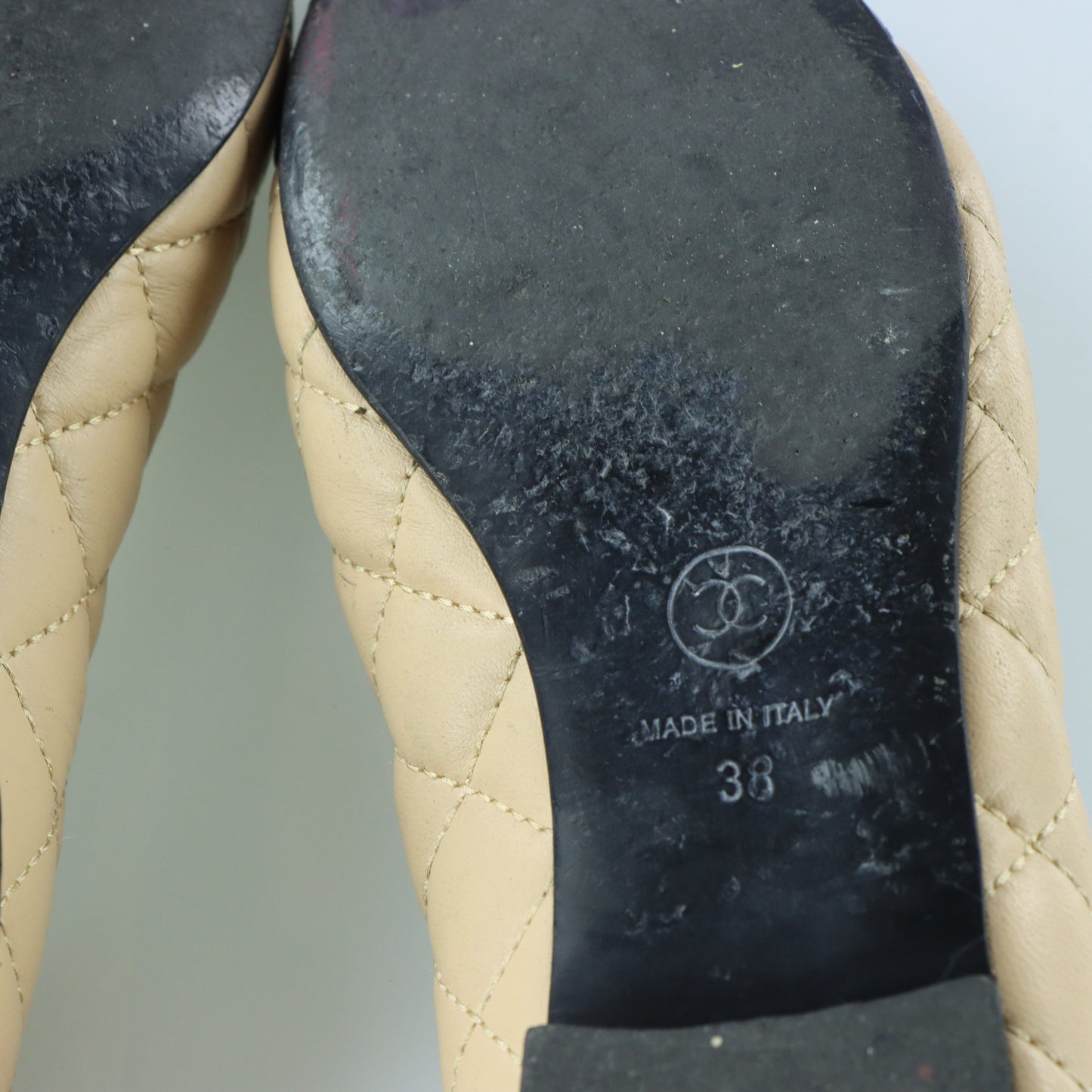CHANEL 'ITALY Made' Quilted Tan Embroidered Black Cap Bow Ballet Flats (38)