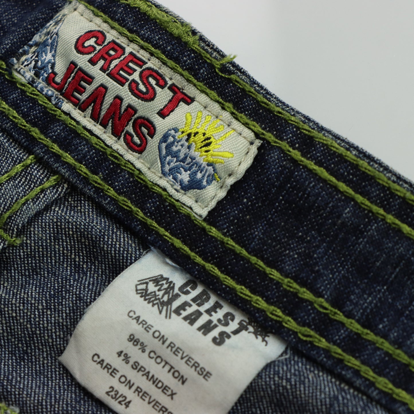 CREST JEANS Embroidered Bird Green Stitch Blue Faded Jeans (Unisex XXXL)