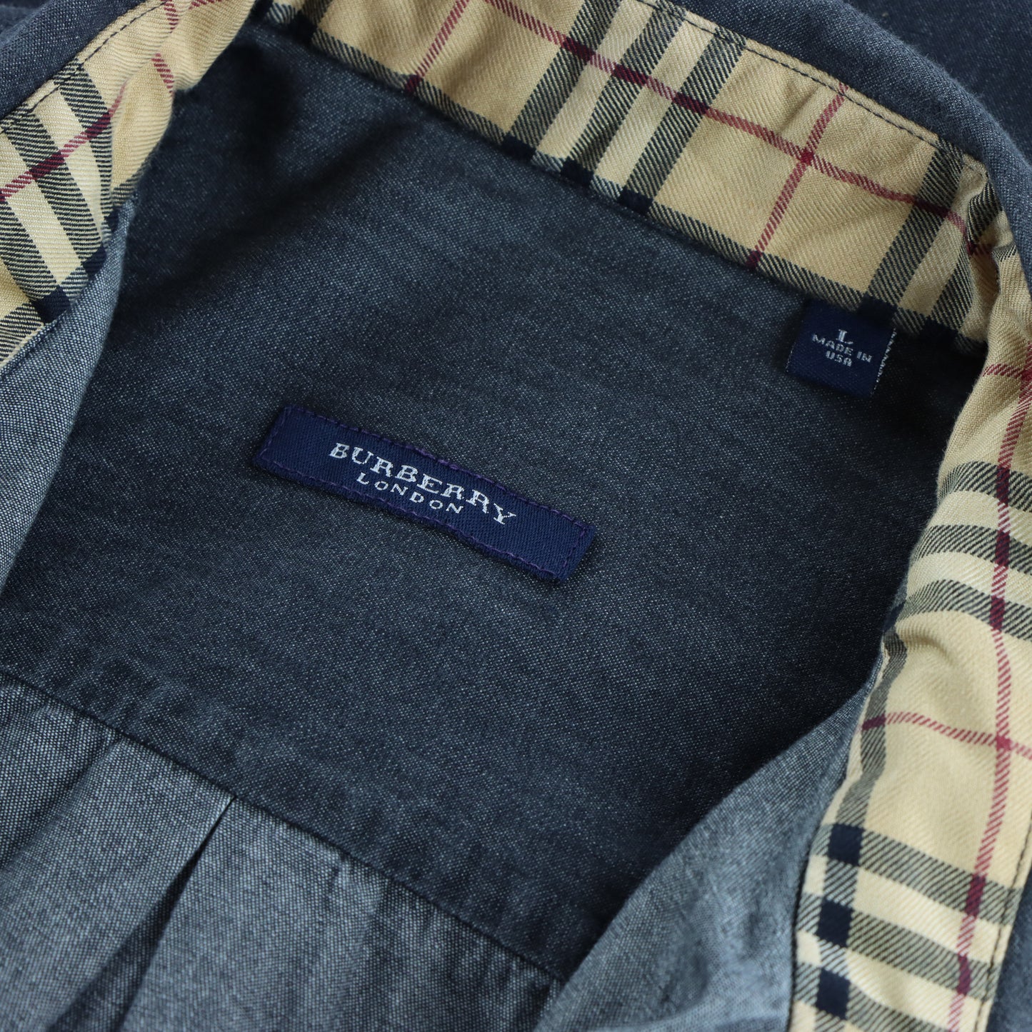 BURBERRY Plaid Lined Collar USA Made Dark Grey Button Down Shirt (L)