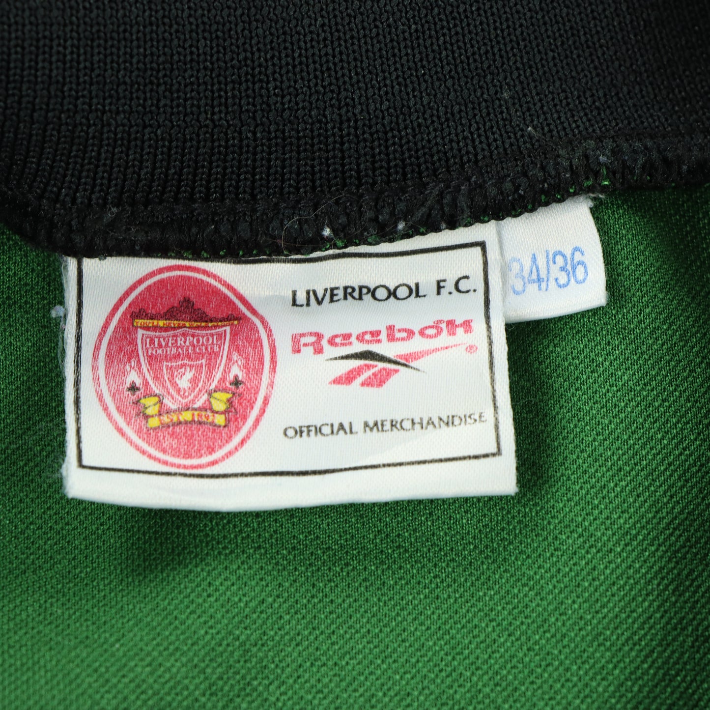 REEBOK Liverpool 1996/1997 UK Made Felt Patch Green Long Sleeve Soccer Jersey (M)