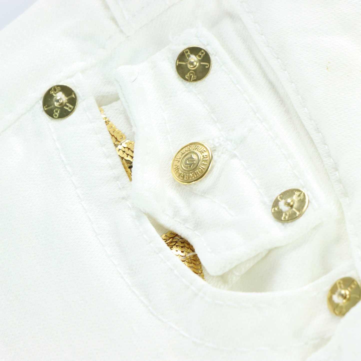 TRUE RELIGION Y2K Gold Sequin Logo USA Made White Jeans (31)