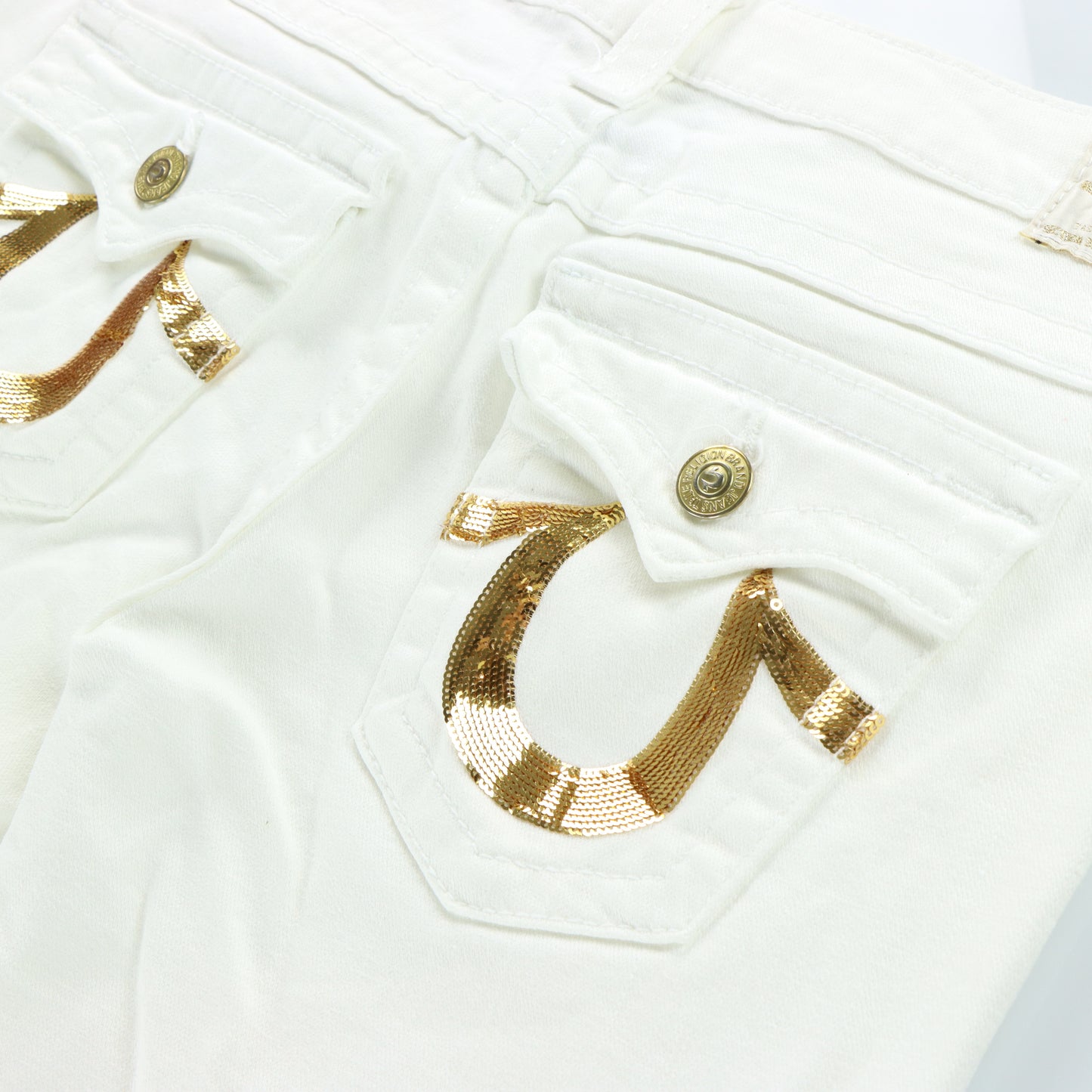 TRUE RELIGION Y2K Gold Sequin Logo USA Made White Jeans (31)